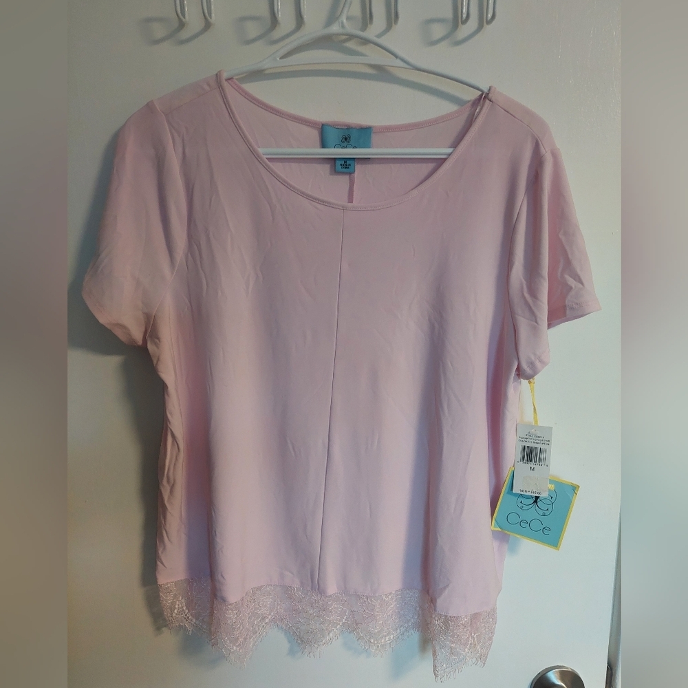 CeCe Light Pink Short Sleeve Top with Lace Hem